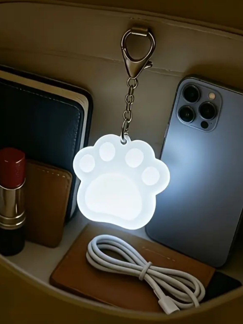 Cute White Paw-Shaped LED Keychain Light - Portable Phone Accessory